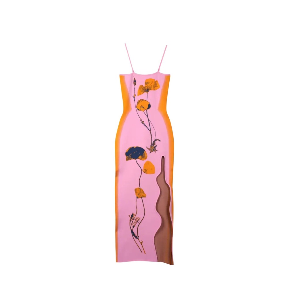 PH5 Iris Flower Print Dress Pink Blushing Knit Midi Wavy Slit SS25DR046PIN sizes